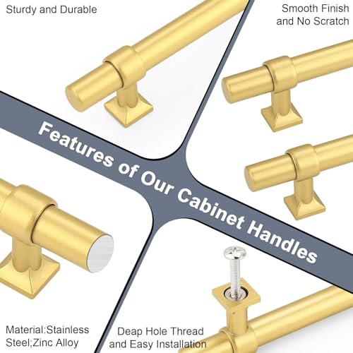 Brushed Brass Cabinet Pulls 3 Inch Hole Centers T Bar 10 Pack - color: Brushed Brass, size: Hole Centers: 3inch