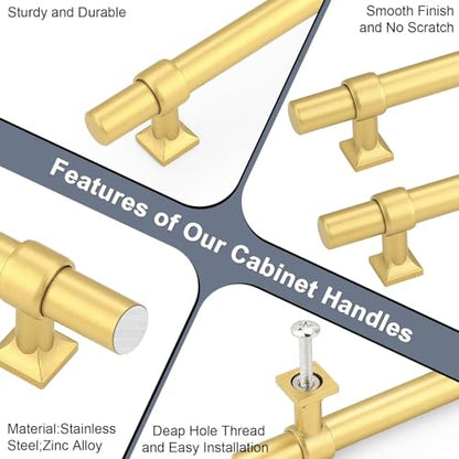 Brushed Brass Cabinet Pulls 3 Inch Hole Centers T Bar 10 Pack - color: Brushed Brass, size: Hole Centers: 3inch