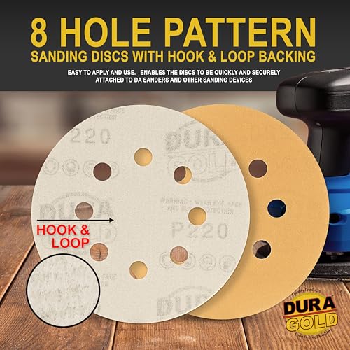 Dura-Gold 5" Gold Sanding Discs, 220 Grit, Box of 50, 8 Hole Pattern, H & L - size: 220-Grit - Gold