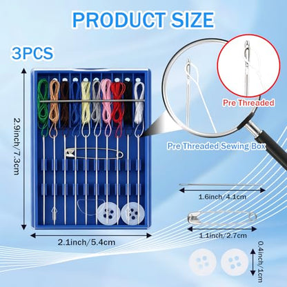 3PCS Pre-Threaded Sewing Box, Mini Ready-to-Use Needle and Thread Kit