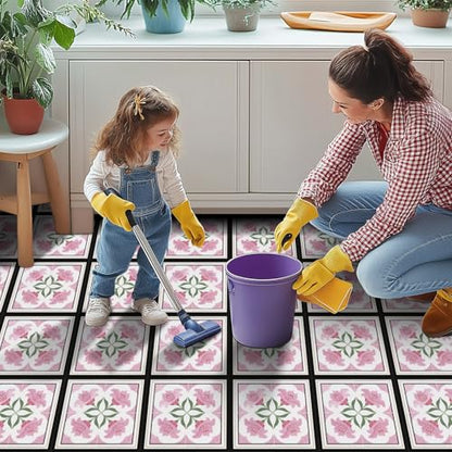 HOMETITUTE Elegant Pink Floral Peel Stick Floor Tile 12x12 Vinyl - color: Pink#6