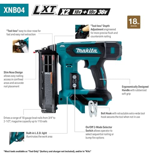 Makita XNB04Z 18V LXT® Lithium‑Ion Brushless Cordless 2” Brad Nailer, 18 Ga., Tool Only