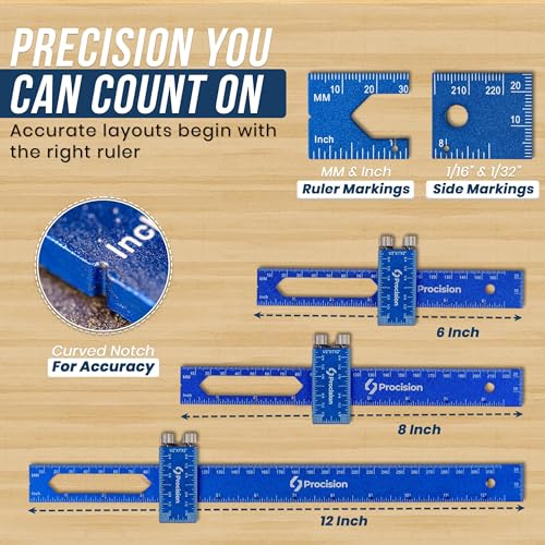 ELEON Procision Woodworking Ruler, Set of 3 (12, 8, 6 Inch) - Precision Woodworking Pocket Tool with Extra Wide 2" Sliding Attachment - Slide T-Square Scribing Kit Plus Mechanical Pencil - Aluminium