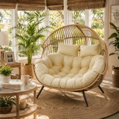 Outdoor Double Egg Chair Cushion Replacement Waterproof Thickened Cotton Hanging Basket Egg Chair Cushion 55x35 Inch Universal Fit for Patio Wicker Swing Chair (Biege) (Cushion ONLY) - color: Biege