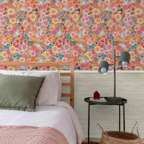 Simon&Siff Floral Peel and Stick Wallpaper 17.3"x400" Pink Watercolor - color: Pink, size: 17.3" x 400"