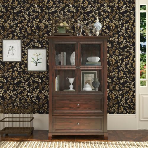 Black Gold Vine Leaf Floral Peel and Stick Wallpaper 17.5" x 118" - color: Black/Gold, size: 17.5" x 118"