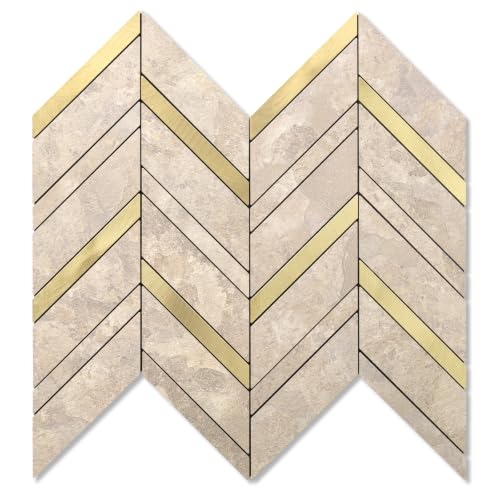 Yipscazo 10-Sheet Herringbone Peel and Stick Backsplash, Beige Stone Mixed Metal Gold PVC Stick on Tiles for Kitchen, Waterproof Self Adhesive Wall Tiles for Bathroom - color: Beige Stone