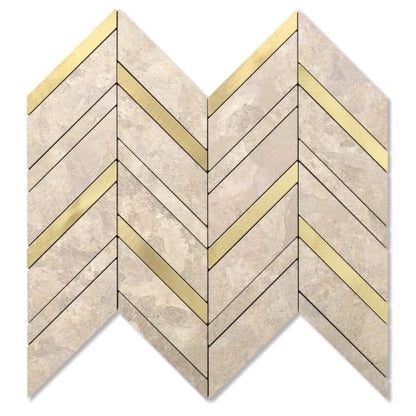 Yipscazo 10-Sheet Herringbone Peel and Stick Backsplash, Beige Stone Mixed Metal Gold PVC Stick on Tiles for Kitchen, Waterproof Self Adhesive Wall Tiles for Bathroom - color: Beige Stone