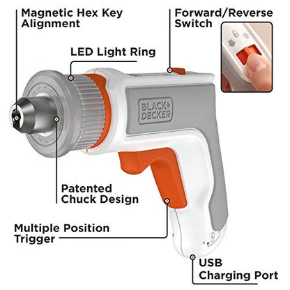 beyond by BLACK+DECKER 4V MAX* Cordless Screwdriver, Hex, L-Shaped, 2-Inch Assorted Bits (BCRTA601WAPB) , White