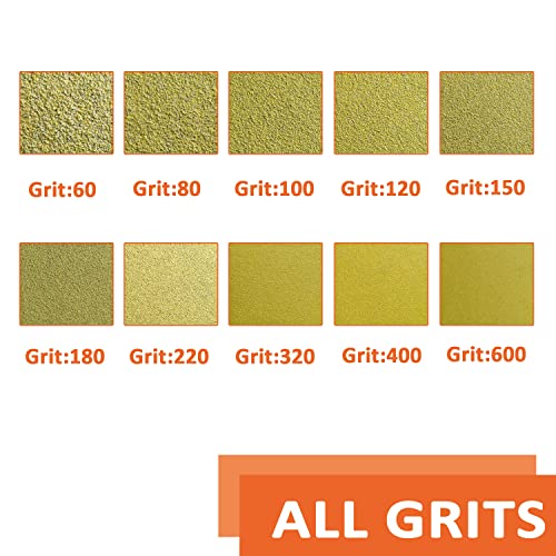 Sanding disc 5 Inch 8 Holes Mixed 60 Pack,Orbital Sander Pads,Hook and Loop Wet/Dry Gold Sandpaper,Include 80,100,120,150,220,320 Grit Each of 10 Pack