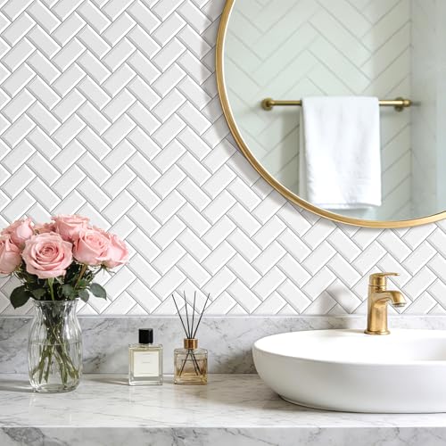 FunStick 17.5"x354" Herringbone White Wallpaper Peel and Stick Kitchen Backsplash Wallpaper Tile Contact Paper for Countertops Self Adhesive Vinyl Wall Paper Roll for Kitchen Bathroom Walls Waterproof - size: 17.5 x 354 Inches