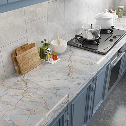 CRE8TIVE Glossy Cyan Gold Cracked Marble Contact Paper 12"x354" Thick Wallpaper Peel and Stick Countertops Waterproof Removable Self Adhesive Marble Vinyl Roll for Bathroom Kitchen Cabinets - size: 12"W x 354"L