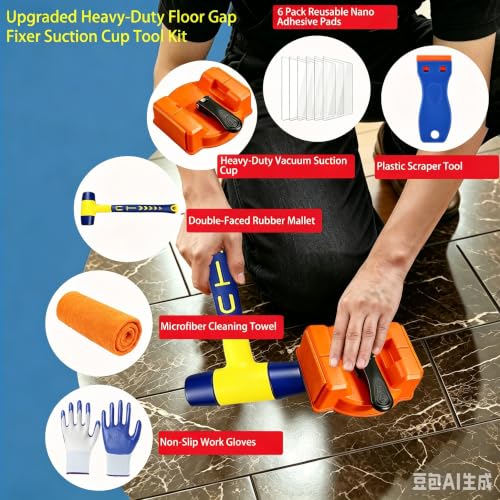 Floor Gap Fixer Tool Kit, 6-Piece All-in-One Flooring Repair Kit with Suction Cup, Mallet, 6 Reusable Adhesive Pads, Scraper, Towel, Gloves for Vinyl, Laminate, Wood, Tile, LVT, LVP Dual Head