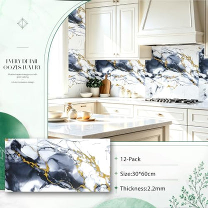 Peel and Stick Wall Panels, Marble Look Tiles for Backsplash, 12 Packs - color: White/Black/Gold, size: 23.6" x 11.8" x 2.2mm
