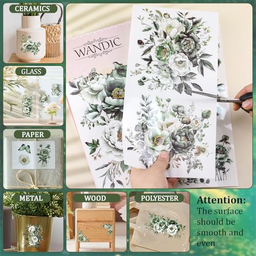WANDIC 3 Sheets Rub On Transfer Stickers, Green Flowers Pattern Waterproof Decals Furniture Craft Embellishments for DIY Scrapbooking Photo Albums,15 * 30cm - color: Green