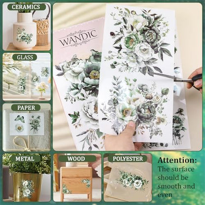 WANDIC 3 Sheets Rub On Transfer Stickers, Green Flowers Pattern Waterproof Decals Furniture Craft Embellishments for DIY Scrapbooking Photo Albums,15 * 30cm - color: Green