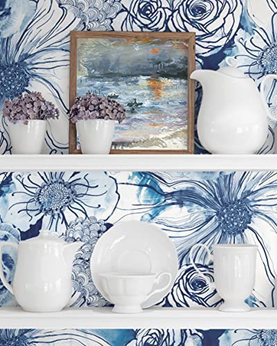 NextWall Harry & Grace Ink Rose Abstract Floral Peel and Stick Wallpaper (Celtic Blue) - color: Celtic Blue