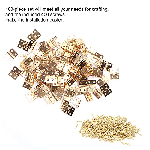 100 Pcs Mini Hinges, Small Hinges Set with 400 Pcs Screws, Tiny Hinge Retro Miniature for Miniature Furniture, Wooden Box, Jewelry Box, 0.3x0.4in (Gold)