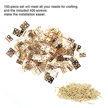 100 Pcs Mini Hinges, Small Hinges Set with 400 Pcs Screws, Tiny Hinge Retro Miniature for Miniature Furniture, Wooden Box, Jewelry Box, 0.3x0.4in (Gold)