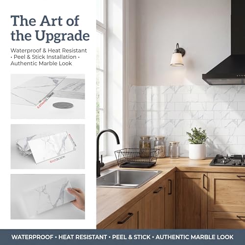 4 Sheets Calacatta White Marble Look Peel & Stick Subway Tile 4"x8" - color: Calacatta White, size: 4 Pcs 4" x 8" x 0.07"