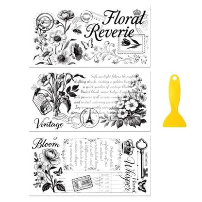 Peacoblue Black Text Vintage Flowers Rub On Transfers for Furniture 6"x12" - style: Black Text Vintage Flowers