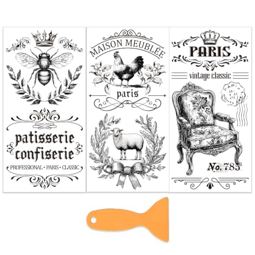 OLYCRAFT 3Pcs/Set French Farmhouse Rub on Transfers for Furniture and Craft 6x12 Inch Vintage Furniture Decal Transfer Stickers Rub on Decal with 1pc Scraper for Scrapbook Window Home Decoration - style: French Farmhouse