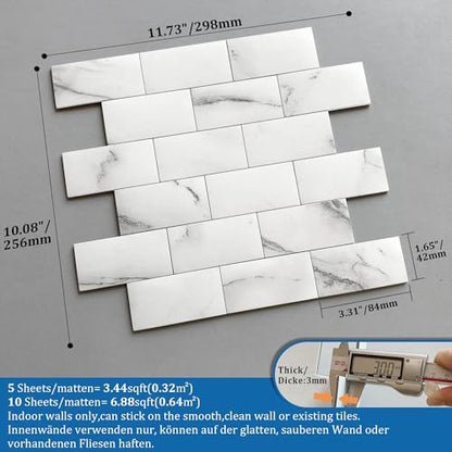 Subway Tile Peel and Stick Kitchen Backsplash White 10pcs - color: White