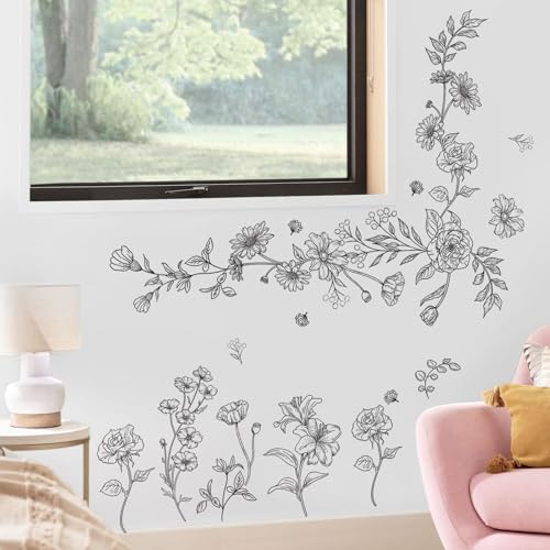15 Sheets Sketch Wildflower Wall Stickers DIY Garden Floral Decals - color: Black Sketch