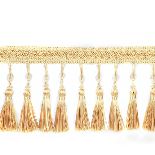 6.5 Yard Beads Tassel Handmade Fringe Trim Ribbon Trimming, 11Cm/4.3Inch Diameter Hand Knitting Tassel Fringing Trimmings for Decor, DIY - color: mix gold