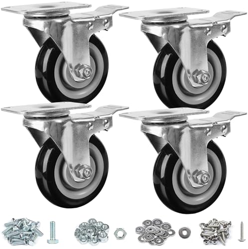 Finnhomy 4” Caster Wheels Set of 4 with Brake Heavy Duty Plate Swivel Casters Premium Polyurethane PU Wheels Load Bearing 2,600 Lbs Lockable Anti-wear Smooth Casters for Workbench Black (Free Screws) - style: 4" (with Brake)
