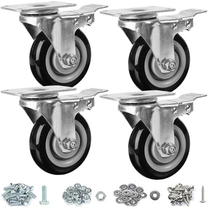 Finnhomy 4” Caster Wheels Set of 4 with Brake Heavy Duty Plate Swivel Casters Premium Polyurethane PU Wheels Load Bearing 2,600 Lbs Lockable Anti-wear Smooth Casters for Workbench Black (Free Screws) - style: 4" (with Brake)