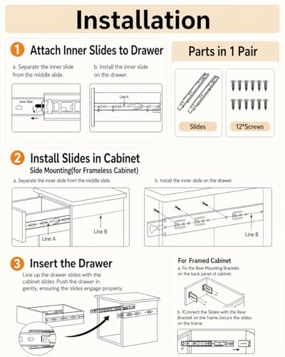 Gobrico 12 inch Drawer Slides 1 Pair，Soft Close Drawer Slides 3 Fold, Cabinet Drawer Slides Full Extension Drawer Slides, Heavy Duty Slide Rails, Side Mount Ball Bearing Tracks Guide Drawer Glides - size: 12inch Drawer Slides