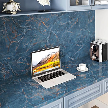 Livelynine 15.8x394 Marble Wall Paper Kitchen Countertop Peel and Stick Wallpaper Waterproof Contact Paper for Countertops Renter Friendly PVC Marble Table Top Vinyl Wrap Dark Blue Red Brown Sticker - color: Blue and Brown, size: 15.8" x 394"