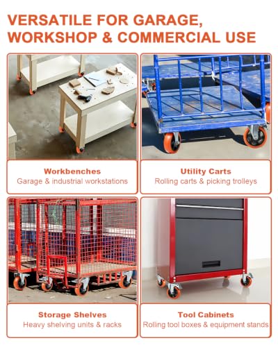 Htudcue 8 Pack 4 Inch Heavy Duty Casters, 2200 lbs Load Per Set of 4, Orange Swivel Plate Casters with Lock Brakes for Garage Workshops & Storage Shelves