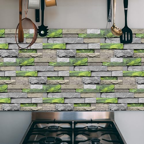 Alwayspon 24Pcs 12x6inch Peel&Stick Wall Sticker Vinly Wallpaper, Waterproof Backsplash for Kitchen Bathroom, Self-Adhesive Tile Transfers Decal Stick on Tiles with GreenYellow Stone Brick Effect - color: Fg-l15, size: 24 Pcs