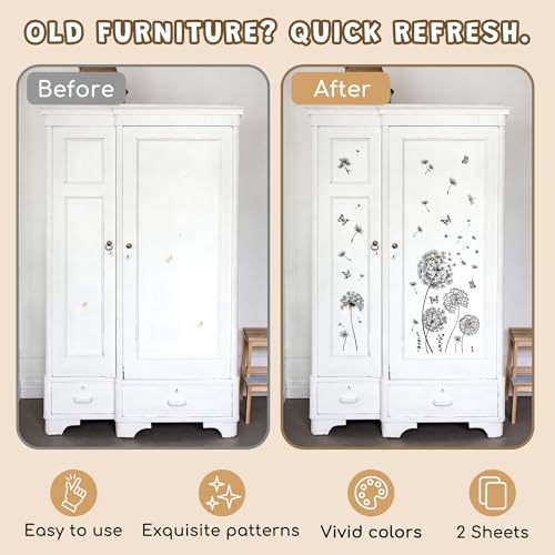 Joeyan Dandelion Rub on Transfers for Crafts and Furniture,Transfer Decals Stickers with Black Butterfly,2 Sheets Large DIY Craft for Fabric Wood Ceramic Glass Plastic,Furniture Decals for Home Office