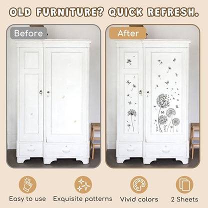 Joeyan Dandelion Rub on Transfers for Crafts and Furniture,Transfer Decals Stickers with Black Butterfly,2 Sheets Large DIY Craft for Fabric Wood Ceramic Glass Plastic,Furniture Decals for Home Office