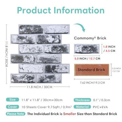 Commomy Faux Brick Panels Peel and Stick Wall Stickers 10 Pcs 11.8" x 11.8" - color: Brick-gkZ