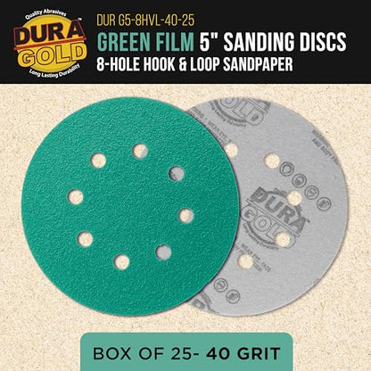 Dura-Gold 5" Green Film Sanding Discs, 40 Grit, 8-Hole, Box of 50, H & L - style: 40 Grit