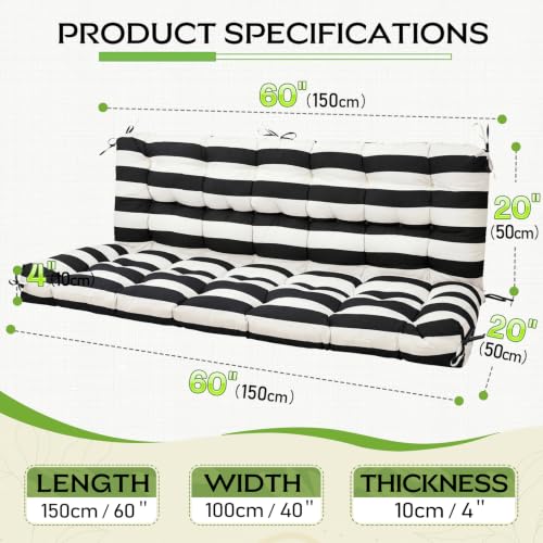 Oxford Fabric Swing Cushions with Backrest & Tie Straps for Patio Bench - color: Black-white Stripe