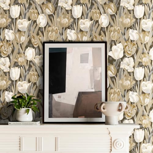Tulip Retro Flower Wallpaper，17.71 "x 118.1" Golden Aesthetic Contact Paper Waterproof Vinyl Wallpaper for Kitchen Backsplash Bathroom Cabinet - color: flower-07, size: 17.7" x 118.1"
