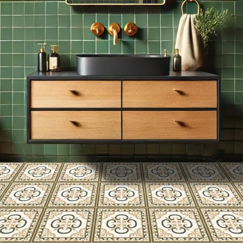 HOMETITUTE Baroque Olive Beige Swirl Peel Stick Floor 12x12 Vinyl - color: Green
