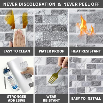 URCOLOR 10-Sheet Peel and Stick Backsplash Tile Sticker for Kitchen,12"x12" Self Adhesive Subway Wall Tiles Stick on Back Splashes for Bathroom White Gray Marble Design - color: White Gray Marble