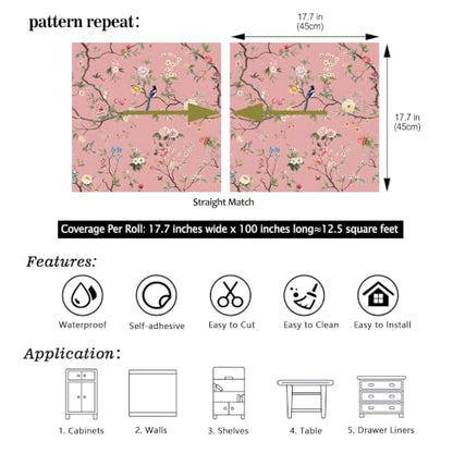 CHIHUT Blush Pink Chinoiserie Wallpaper Floral Bird Contact Paper - color: Blush Pink, size: 17.7" x 100"