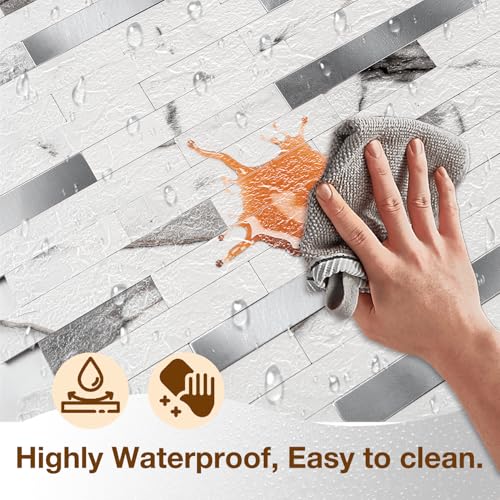 Peel and Stick Backsplash Tile Waterproof Removable PVC Wall Sticker 3D Faux Stone Marble Brick White Accent Panels (Rough White Marble - Metal Silver, 40 Tiles - 18 sq. ft. (1.68 m²)) - color: Rough White Marble - Metal Silver, size: 40 Tiles - 18 sq. ft