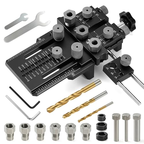 Woodworking Dowel Jig Kit, Precision Drill Guide with 1/4 3/8 1/2 Inch Bushings & Drill Bits, Adjustable Doweling Jig for Straight Holes, Quick Clamp System for Furniture Cabinet DIY Wood Joints - color: Black