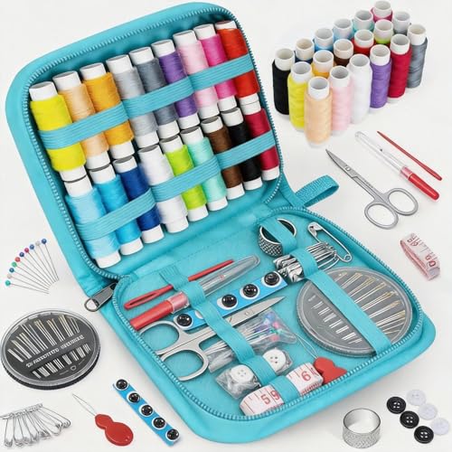 MIXCOOL Sewing Kit for Adults, Beginners, Needle and Thread Kit, Portable Sewing Supplies, Contains Thread, Scissor, Needles, (Blue, M) - color: Blue, size: M