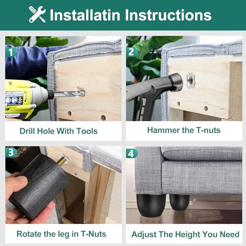 4pcs Plastic Furniture Legs 2-3/4" with T-Nuts, M8-1.25 Bolt - size: 2-3/4 Inch, M8-1.25 Metric Thread Bolts