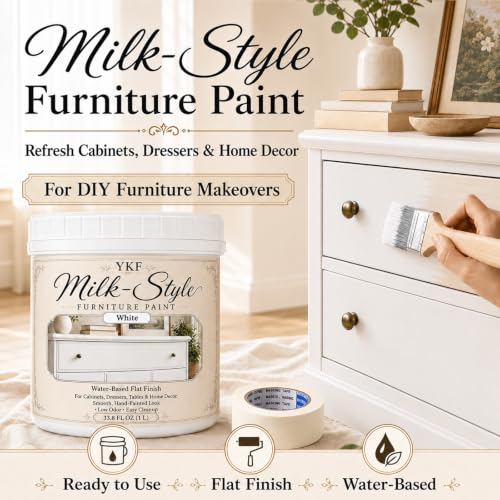 YKF Milk-Style Cabinet & Furniture Paint, White Flat Finish, 34 fl oz, Water-Based Paint for Prepared Wood Cabinet Doors, Drawer Fronts, Tables, Chairs and Shelves