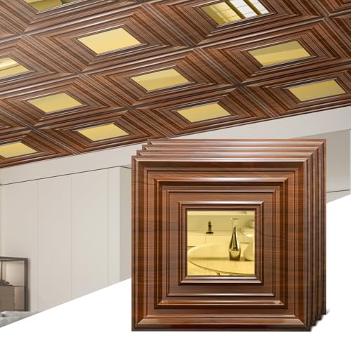 12 Pack PVC Ceiling Tiles 19.7"x19.7" – Gold Mirror & Wood Grain 3D Wall Panels for Wall and Ceiling Decoration,Cover 32.3 Sq.Ft – Waterproof,Lightweigh(Dark Brown, Gold) - color: Dark brown wood grain and Gold